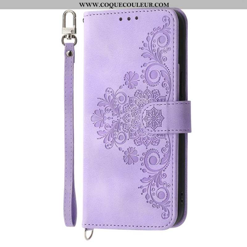 Housse Xiaomi Redmi Note 14 5G Portefeuille Motif Dentelle avec Lanière et Bandoulière