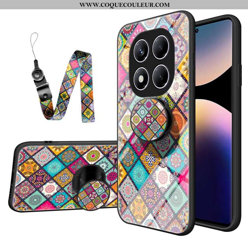 Coque Xiaomi Redmi Note 14 Pro 4G Support et Lanière Motif Patchwork