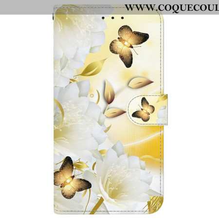Housse Xiaomi Redmi Note 15 5G / Poco M8 5G Papillons Dorés et Fleurs Blanches