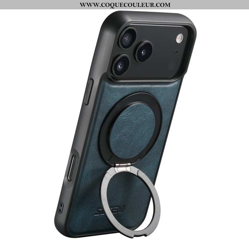 Coque iPhone 17 Pro Compatible MagSafe Effet Cuir Ciré avec Support Rotatif
