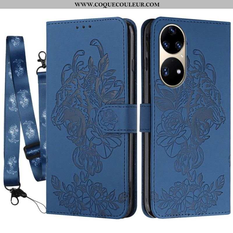 Housse Huawei P50 Pro Tigre Baroque à Lanière