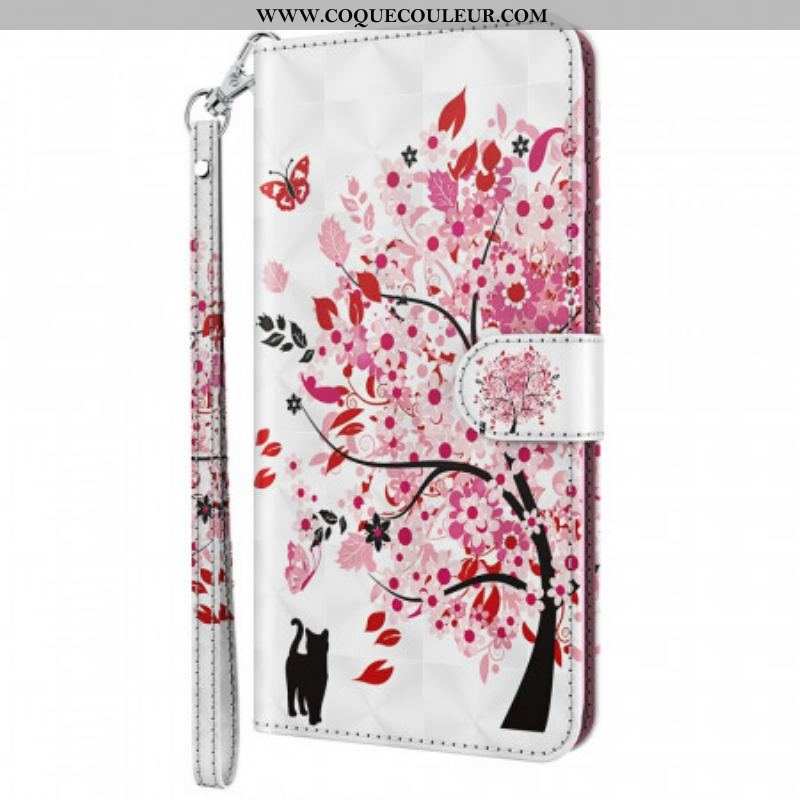 Housse Moto E40 / E30 / E20 Arbre Rose et Chat Noir