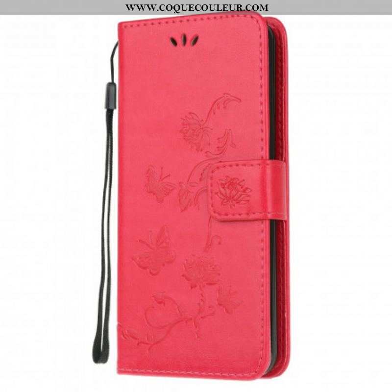 Housse Moto G30 / Moto G10 Papillons Et Fleurs À Lanière