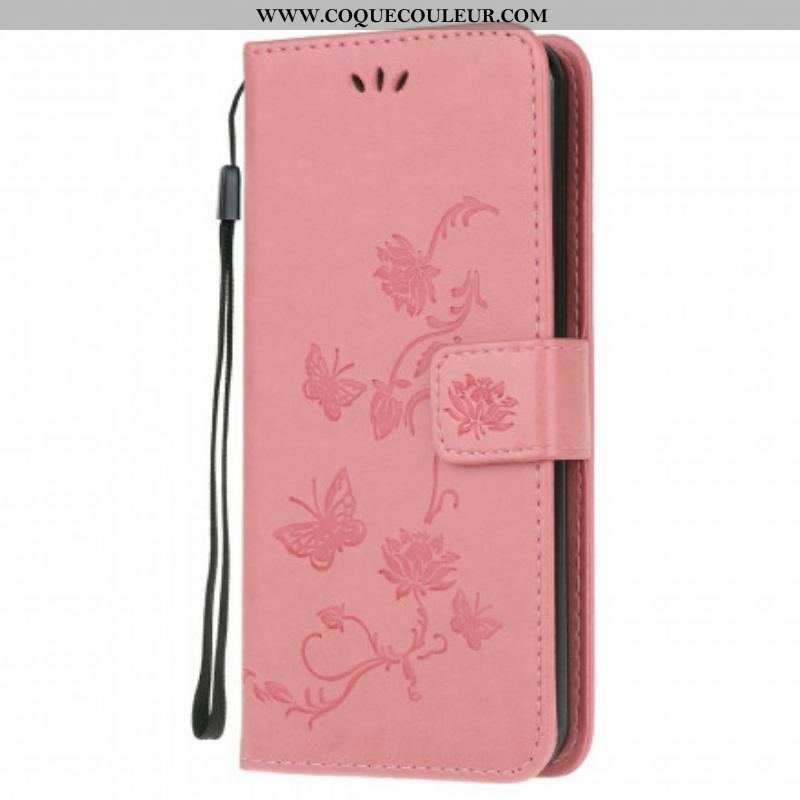 Housse Moto G30 / Moto G10 Papillons Et Fleurs À Lanière