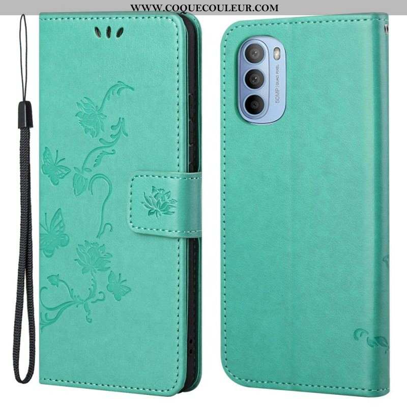 Housse Moto G41 / G31 Papillons et Fleurs à Lanière