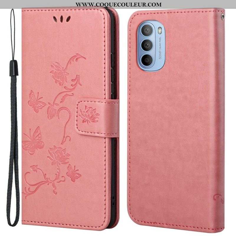 Housse Moto G41 / G31 Papillons et Fleurs à Lanière