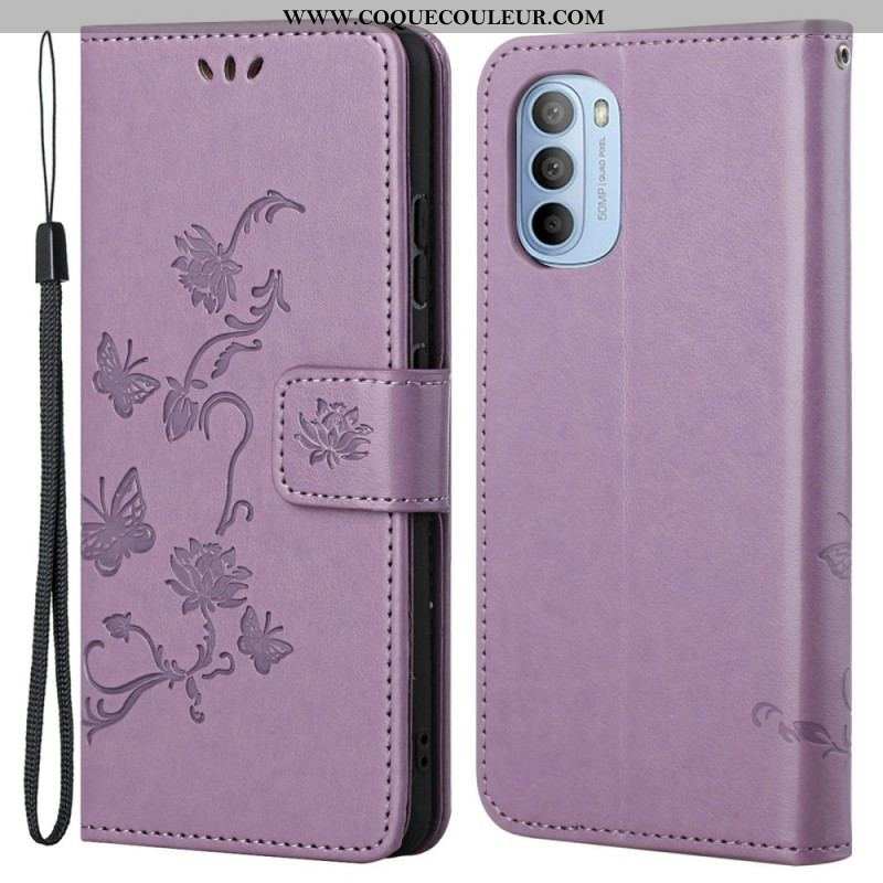 Housse Moto G41 / G31 Papillons et Fleurs à Lanière