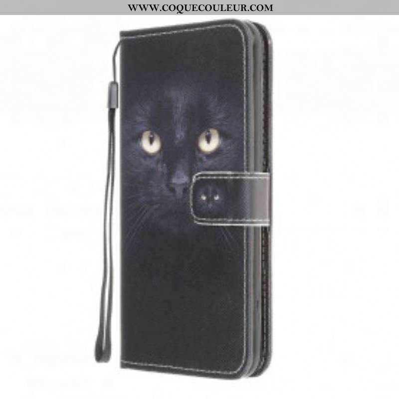 Housse Moto G50 Yeux de Chat Noir à Lanière