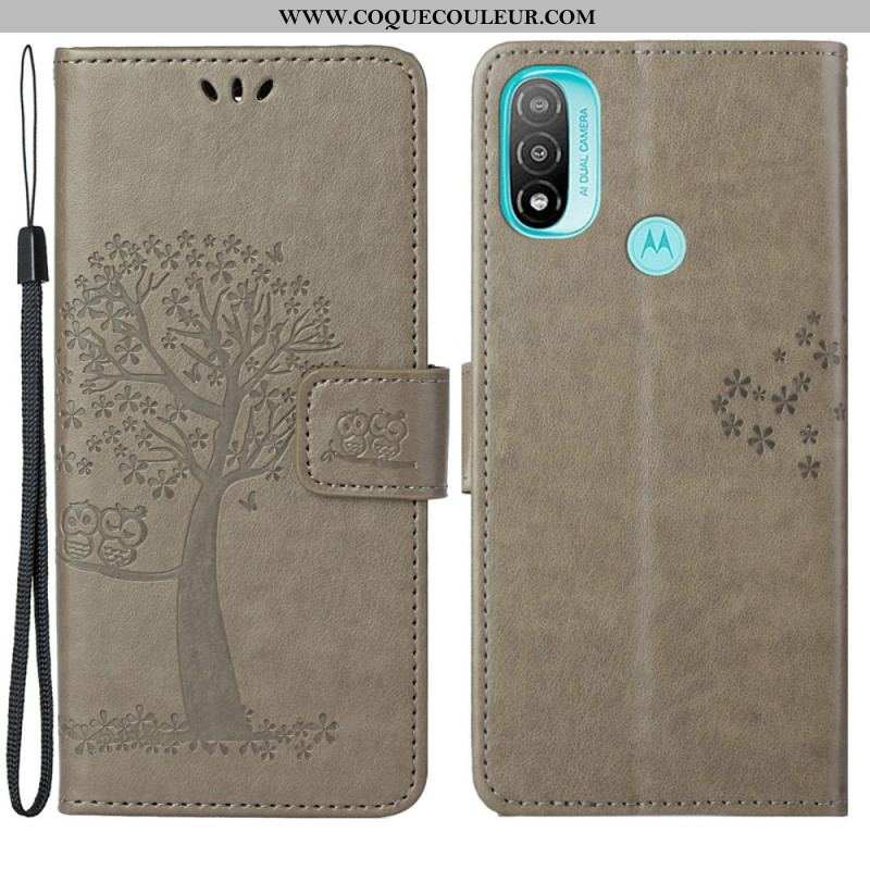 Housse Moto G71 5G Arbre et Hiboux à Lanière