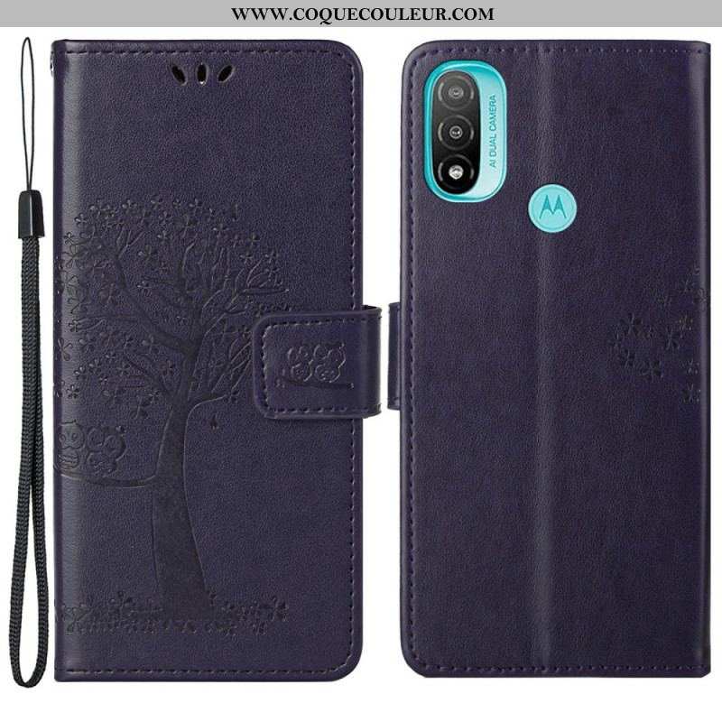 Housse Moto G71 5G Arbre et Hiboux à Lanière