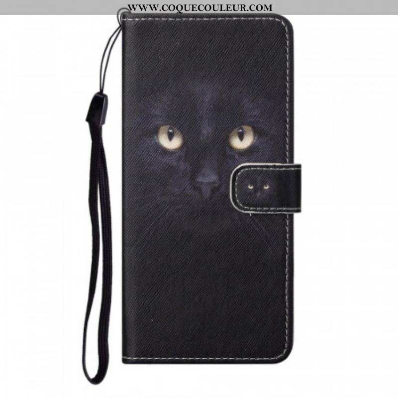 Housse Moto G71 5G Yeux de Chat Noir à Lanière