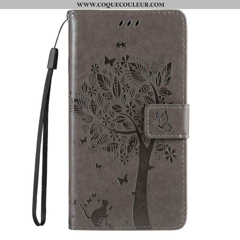 Housse Moto G73 5G Arbre et Chat à Lanière