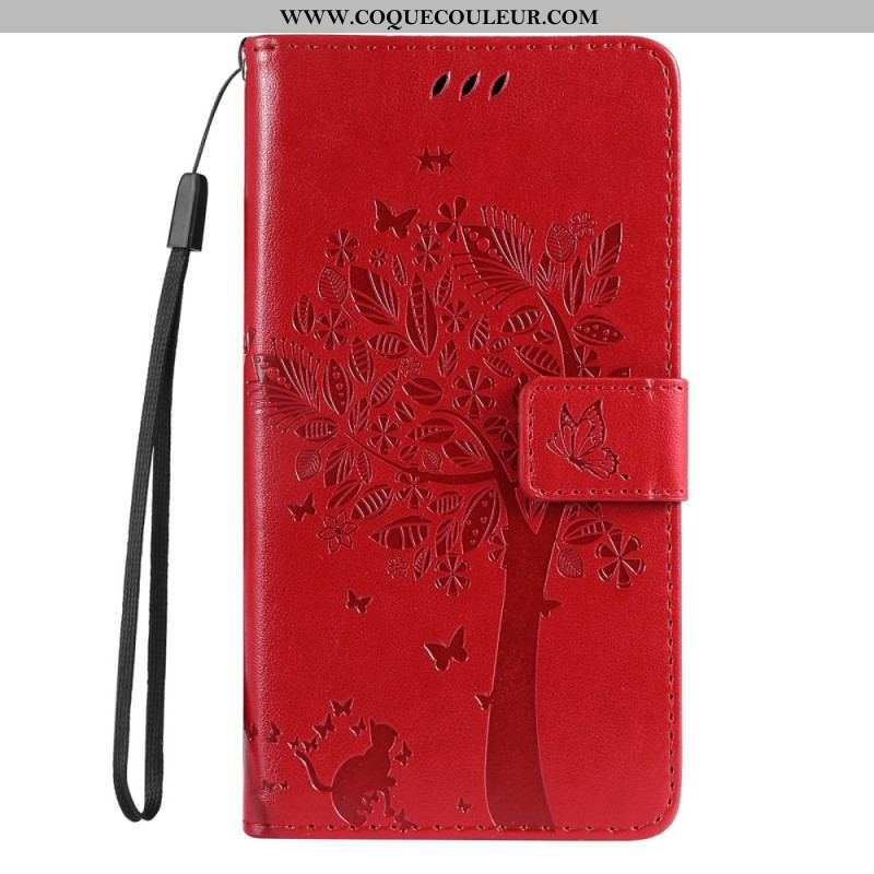 Housse Moto G73 5G Arbre et Chat à Lanière