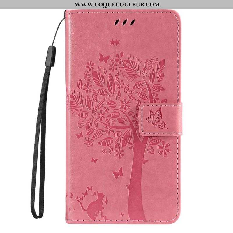 Housse Moto G73 5G Arbre et Chat à Lanière