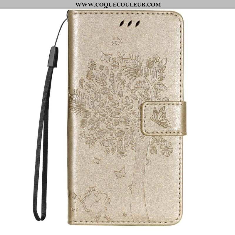Housse Moto G73 5G Arbre et Chat à Lanière