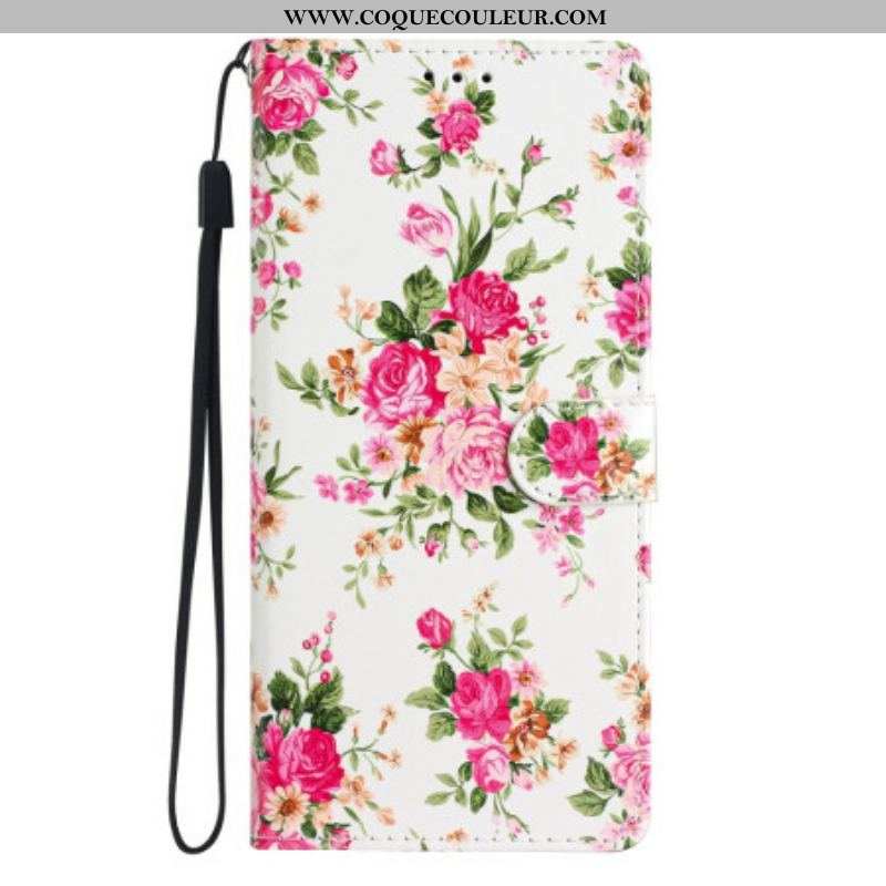 Housse Moto G73 5G Fleurs Liberty à Lanière