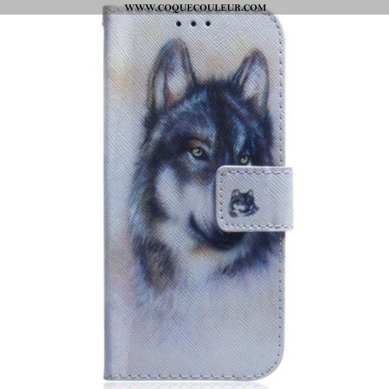 Housse Moto G73 5G Loup Aquarelle à Lanière