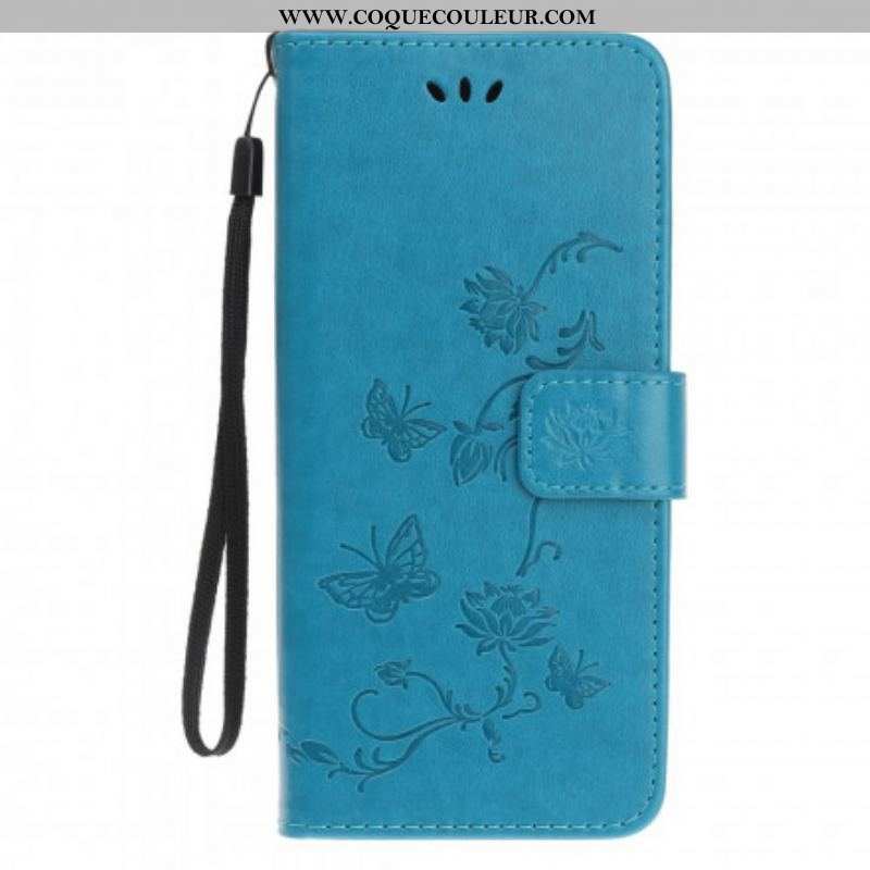 Housse Motorola Edge 20 Lite Papillons et Fleurs à Lanière