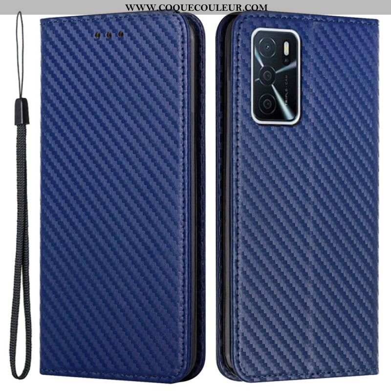 Flip Cover Oppo A16 / A16s Fibre Carbone à Lanière