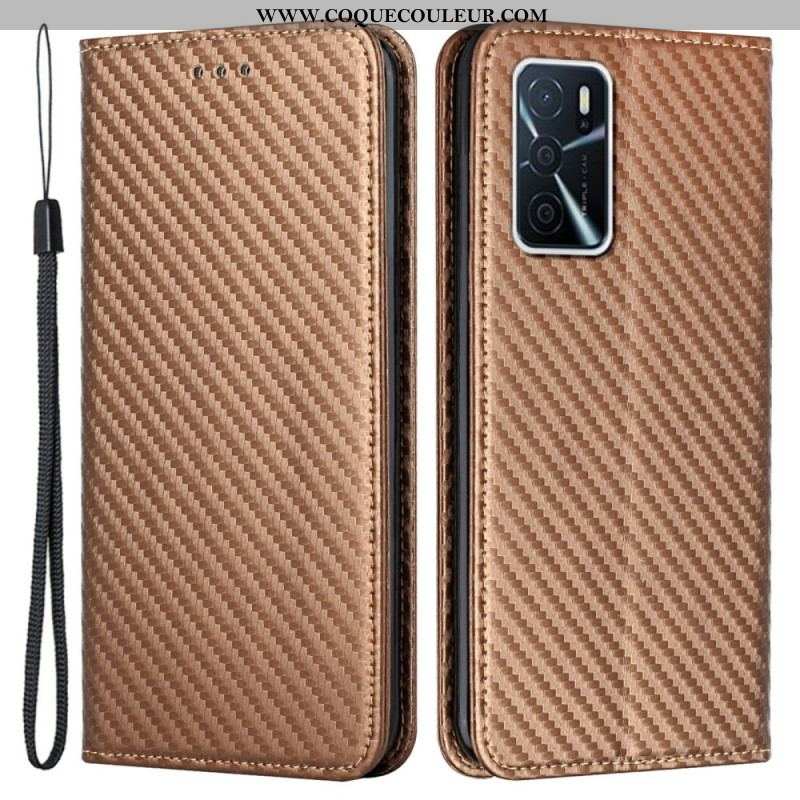 Flip Cover Oppo A16 / A16s Fibre Carbone à Lanière