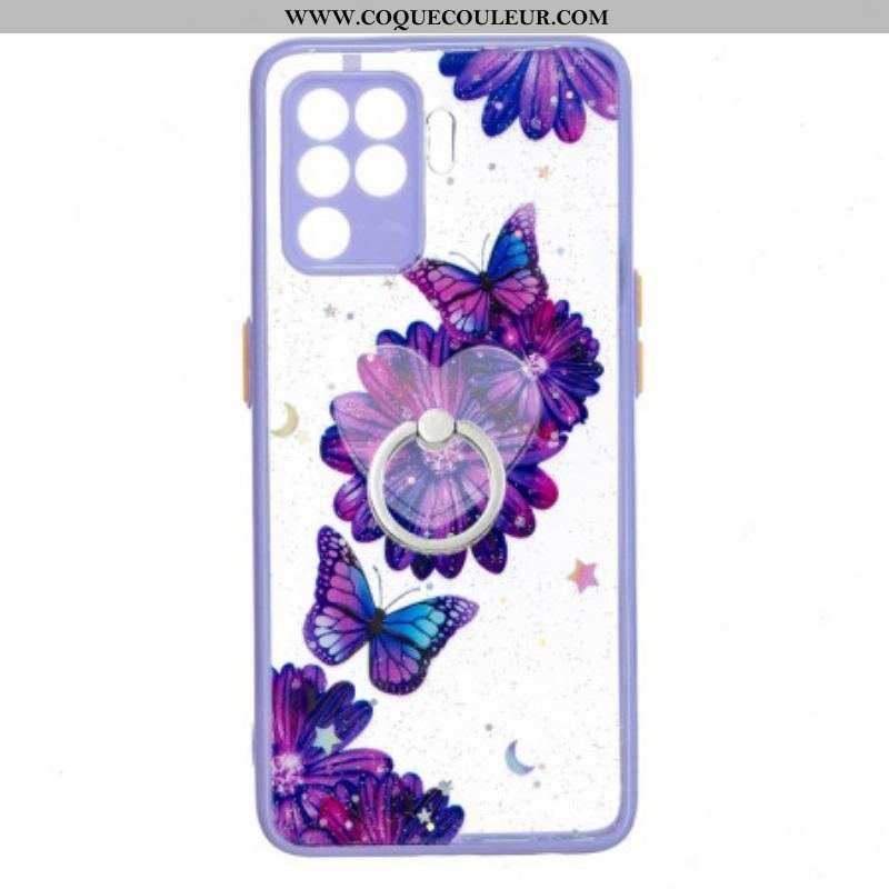 Coque Oppo A94 5G Papillon Fleur Violet avec Anneau