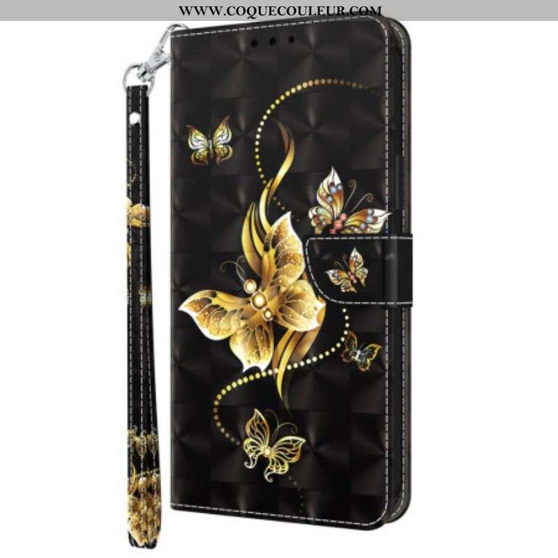 Housse Samsung Galaxy A14 5G / A14 Papillons Dorés à Lanière