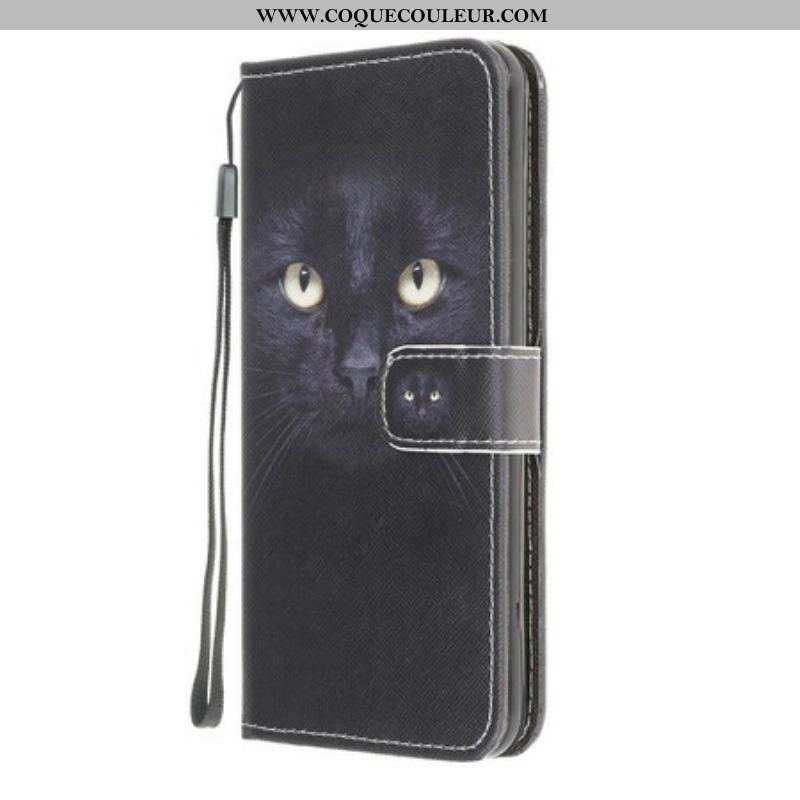 Housse Samsung Galaxy A42 5G Yeux de Chat Noir à Lanière