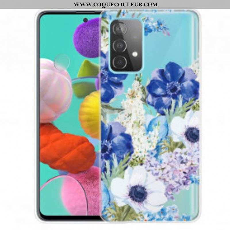 Coque Samsung Galaxy A52 4G / A52 5G / A52s 5G Transparente Fleurs Bleues Aquarelle