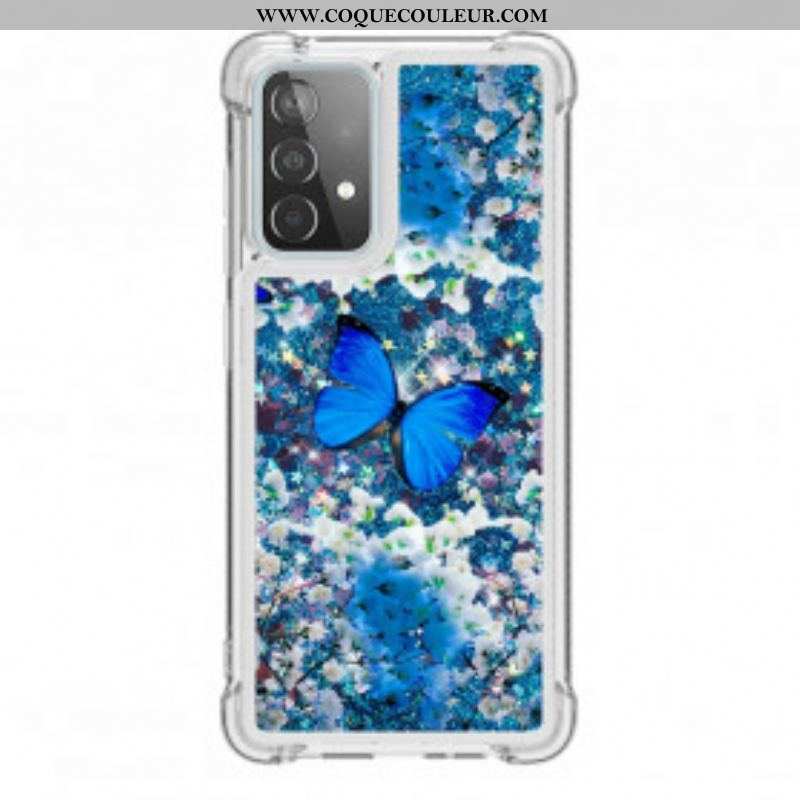 Coque Samsung Galaxy A52 4G / A52 5G / A52s 5G Papillons Bleus Paillettes