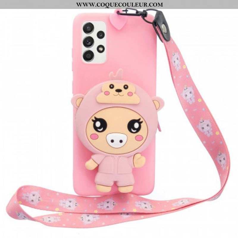 Coque Samsung Galaxy A53 5G Cochon 3D avec lanière Mousqueton