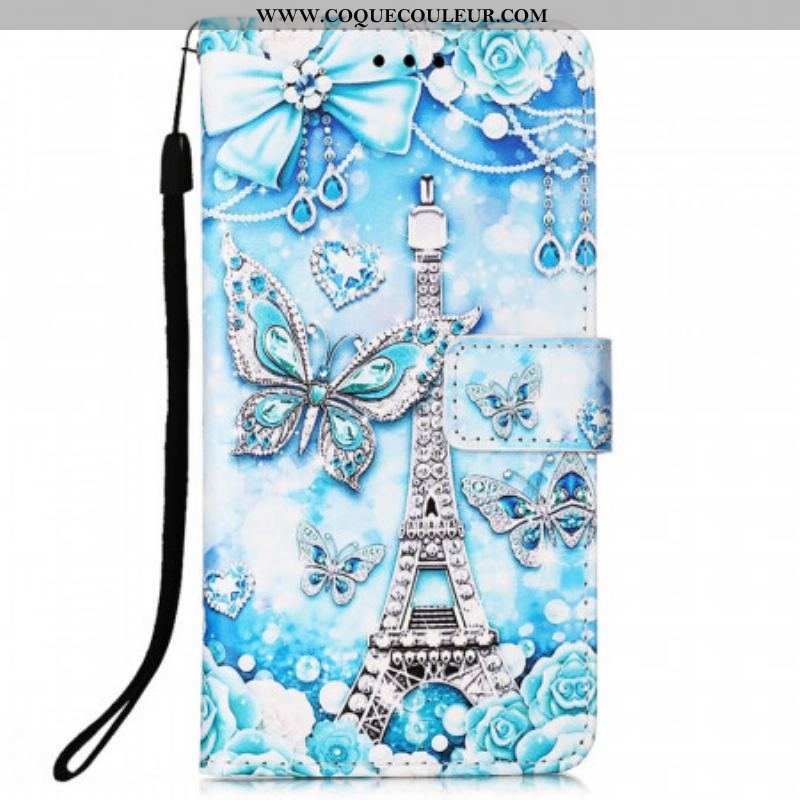 Housse Samsung Galaxy A53 5G Tour Eiffel Papillons à Lanière