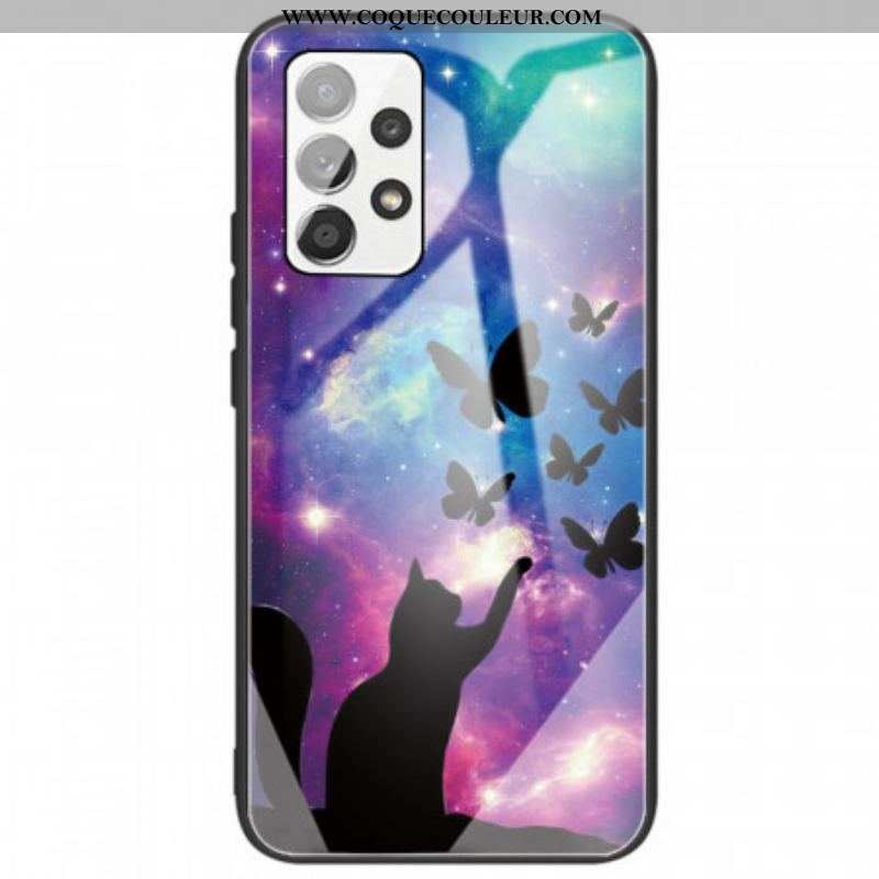 Coque Samsung Galaxy A53 5G Verre Trempé Chat et Papillons Dans l'Espace