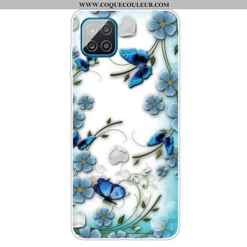 Coque Samsung Galaxy A12 / M12 Transparente Papillons et Fleurs Rétros