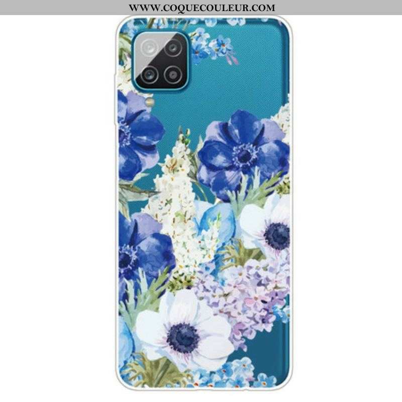 Coque Samsung Galaxy A12 / M12 Transparente Fleurs Bleues Aquarelle