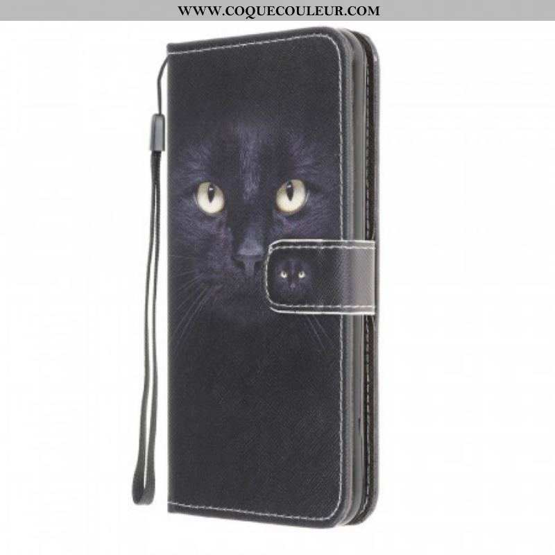 Housse Samsung Galaxy M32 Yeux de Chat Noir à Lanière