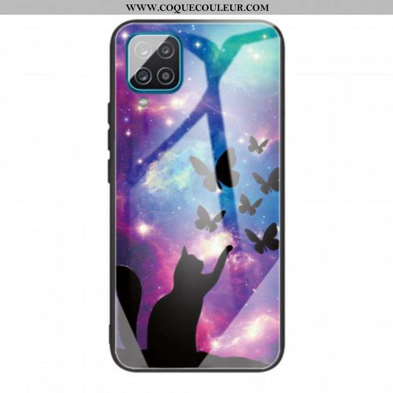 Coque Samsung Galaxy M32 Verre Trempé Chat et Papillons Dans l'Espace