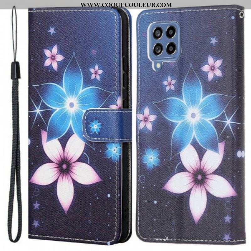 Housse Samsung Galaxy M53 5G Fleurs Lunaires à Lanière