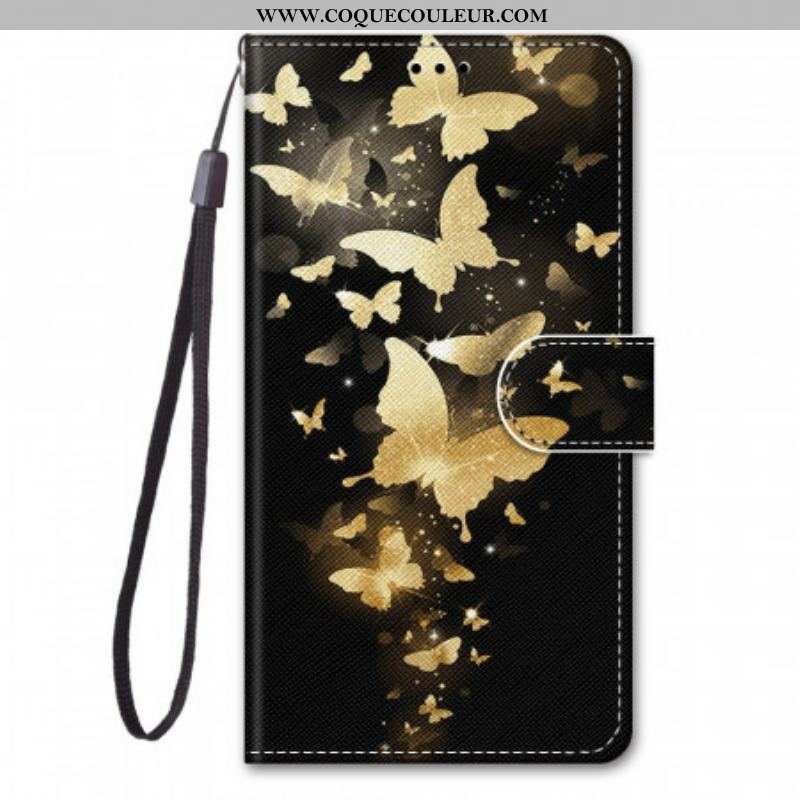 Housse Samsung Galaxy M53 5G Papillons Or à Lanière