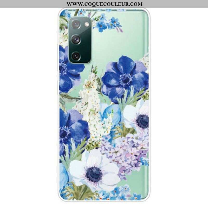 Coque Samsung Galaxy S20 FE Transparente Fleurs Bleues Aquarelle