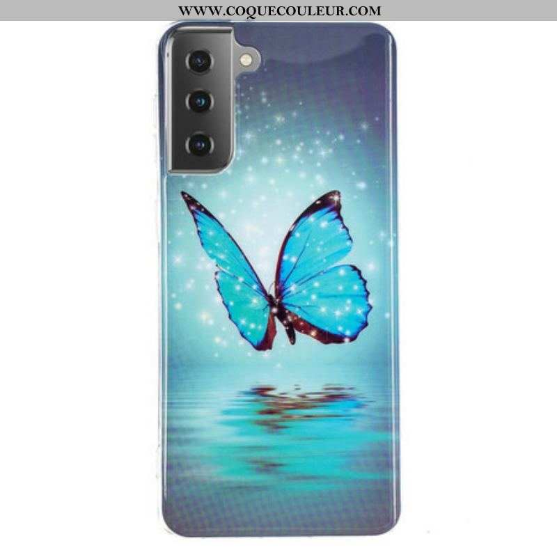 Coque Samsung Galaxy S21 5G Papillon Bleu Fluorescente