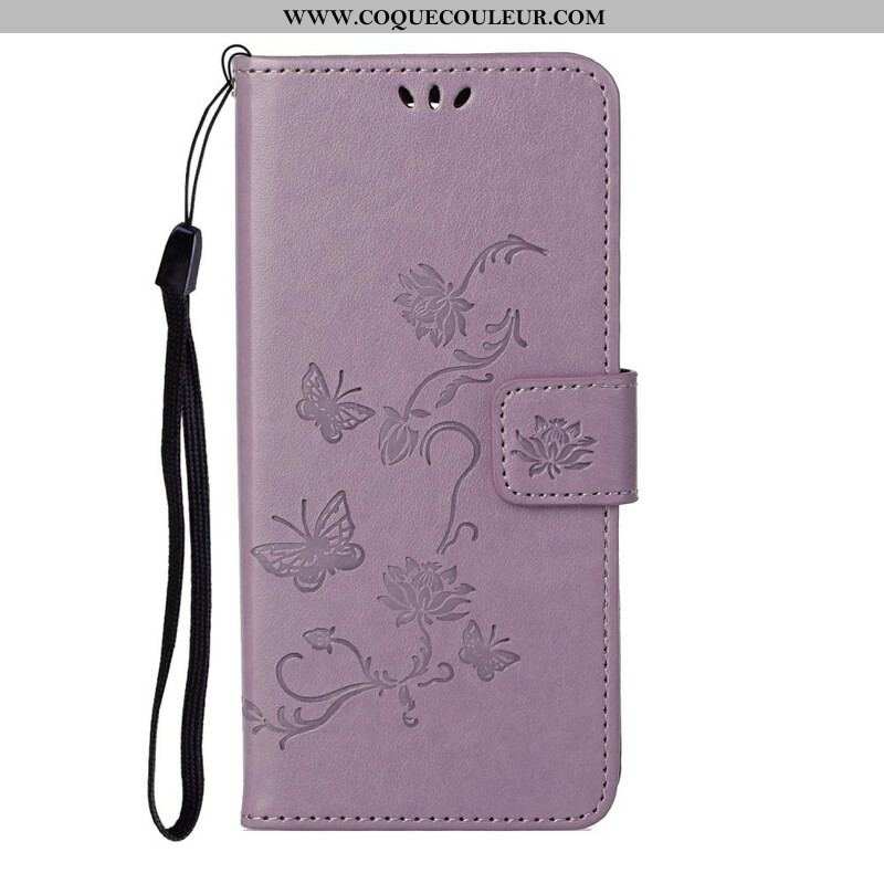 Housse Samsung Galaxy S21 5G Papillons Et Fleurs À Lanière