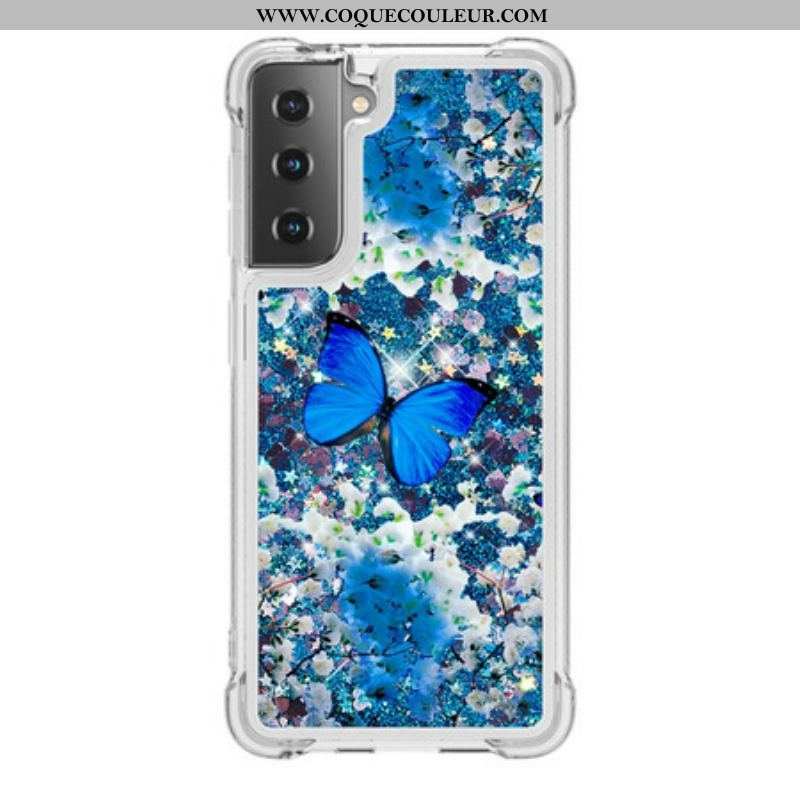 Coque Samsung Galaxy S21 5G Papillons Bleus Paillettes