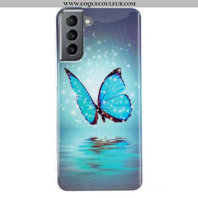 Coque Samsung Galaxy S21 FE Papillon Bleu Fluorescente