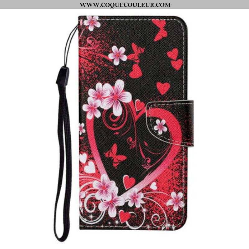 Housse Samsung Galaxy S21 FE Fleurs et Coeurs avec Lanière