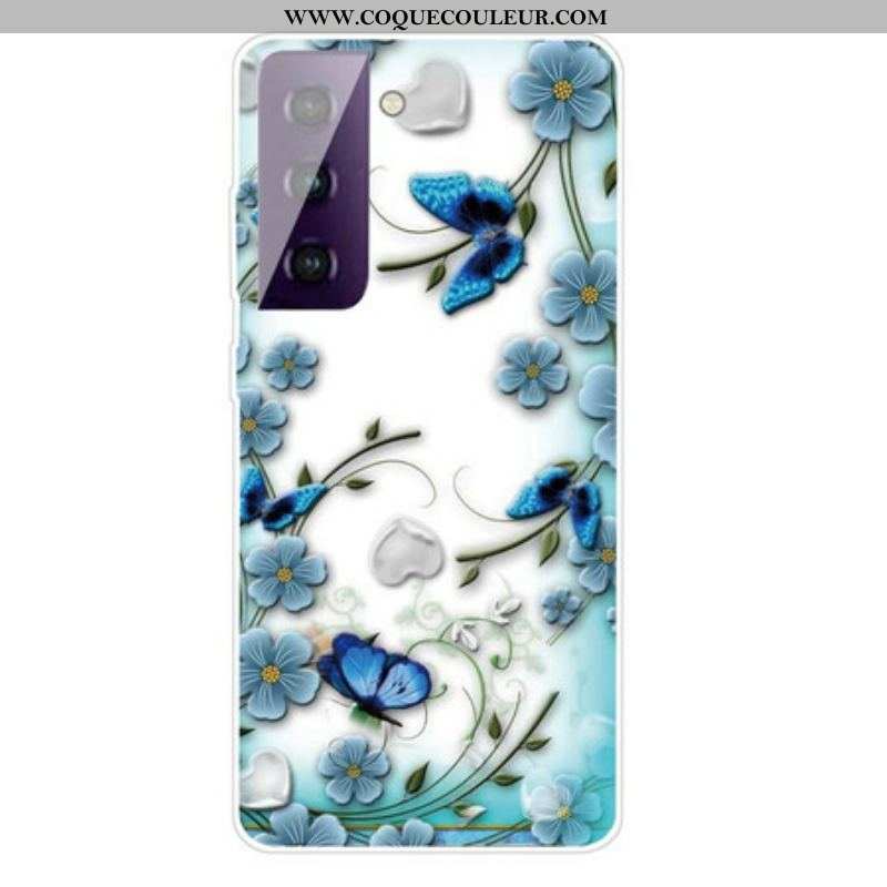 Coque Samsung Galaxy S21 FE Papillons et Fleurs Rétros