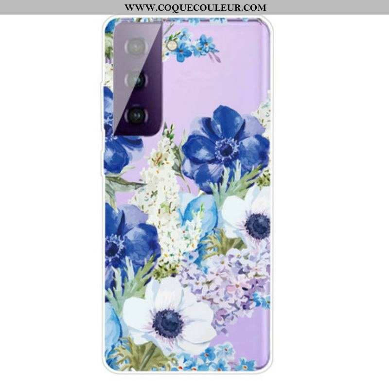 Coque Samsung Galaxy S21 FE Fleurs Bleues Aquarelle