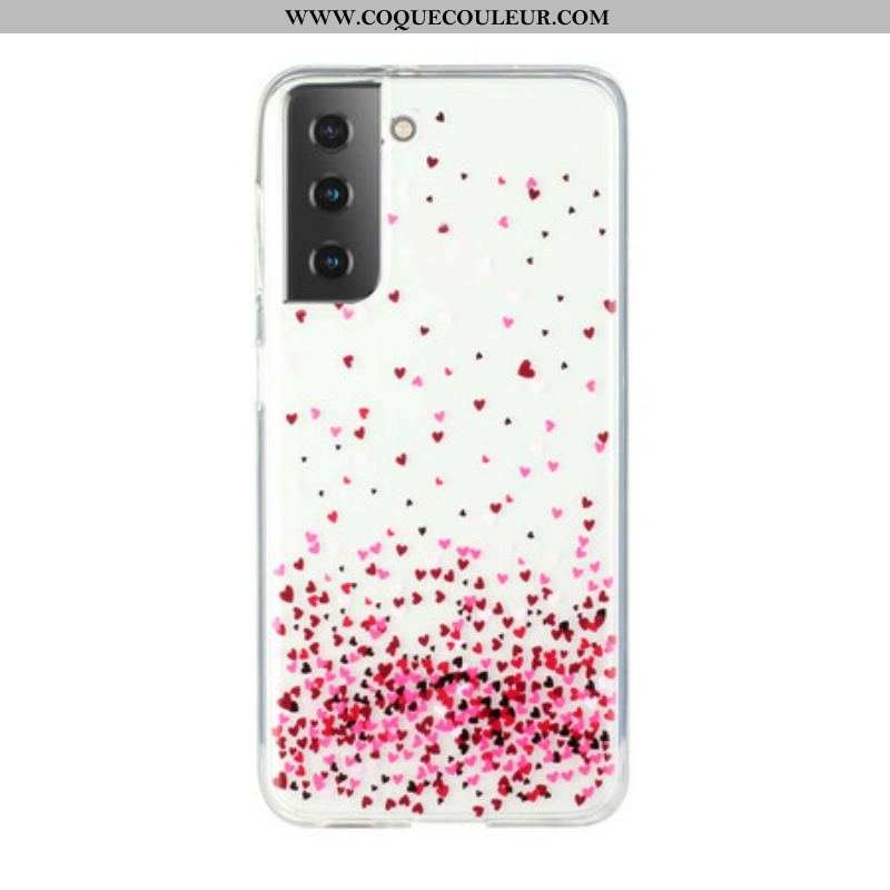 Coque Samsung Galaxy S21 Plus 5G Transparente Multiples Coeurs Rouges