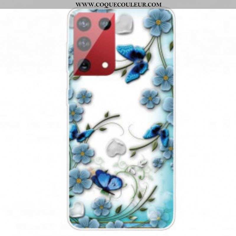 Coque Samsung Galaxy S21 Ultra 5G Papillons et Fleurs Rétros