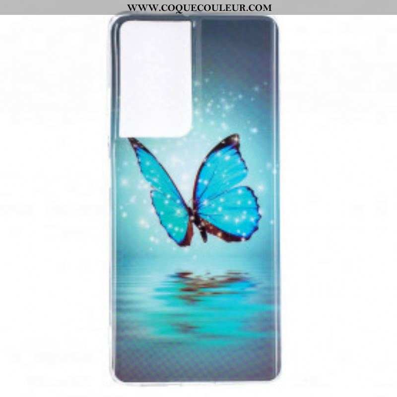 Coque Samsung Galaxy S21 Ultra 5G Papillon Bleu Fluorescente