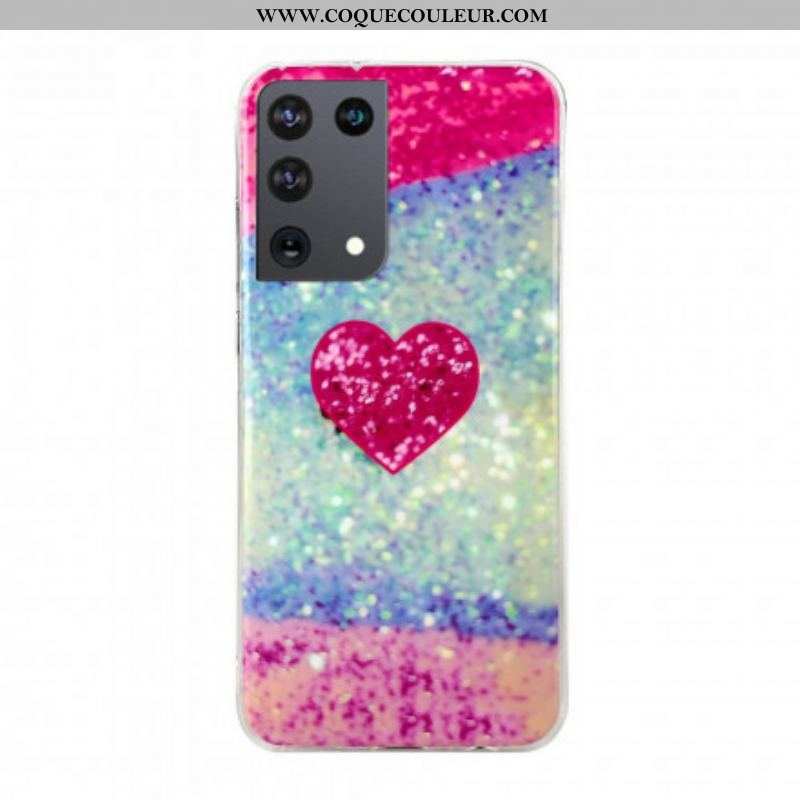 Coque Samsung Galaxy S21 Ultra 5G Coeur Marbre Paillettes